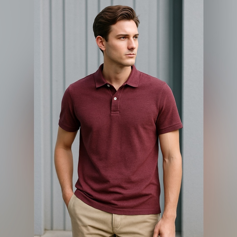 SFERA Men’s Burgundy Piqué Polo Shirt Medium Linen Blend Preppy Coastal Beach